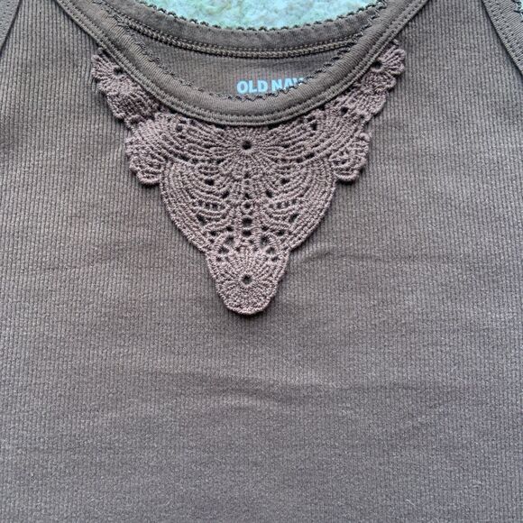 Old Navy Womens Y2K Fairy Lace Tank Top Size Small Brown Ribbed Stretch Preppy - Picture 2 of 5